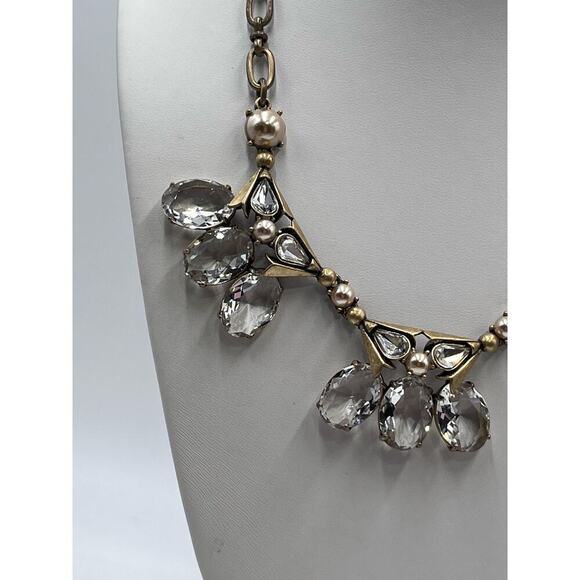 J. Crew Gold Tone Large Faceted Clear Oval Rhinestone Statement Necklace - Picture 2 of 16